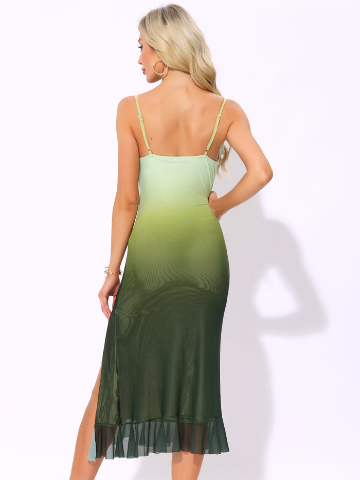 Allegra K Spaghetti Strap Cowl Neck Stretchy Mesh Slit Dress