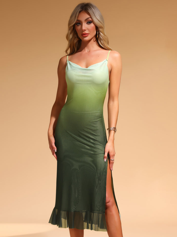 Allegra K Spaghetti Strap Cowl Neck Stretchy Mesh Slit Dress