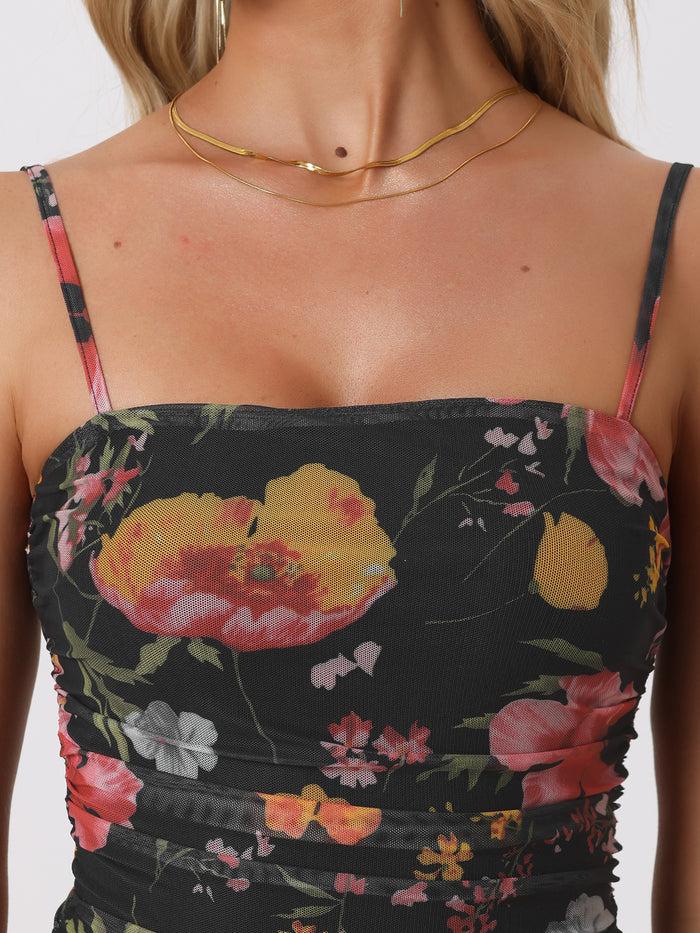 Allegra K Spaghetti Strap Floral Mesh Sleeveless Ruched Midi Bodycon Dress