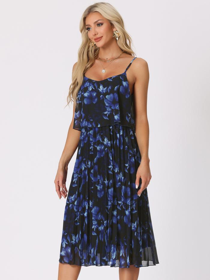 allegra k Spaghetti Strap Floral Pleated A-Line Midi Dress Sundress