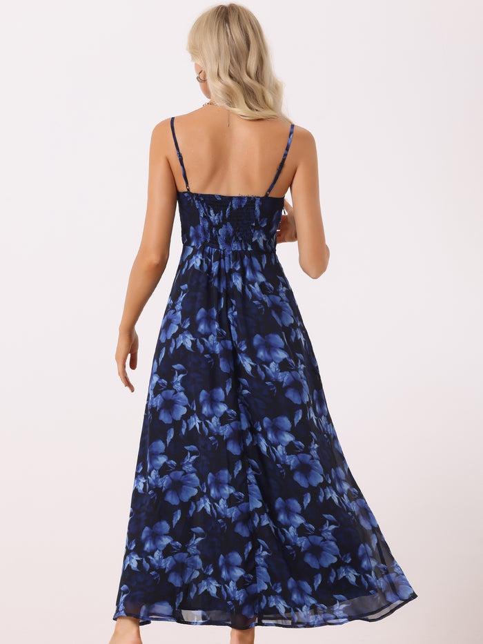 Allegra K Spaghetti Strap Floral Smock Slit Elegant Maxi Dress Sundress