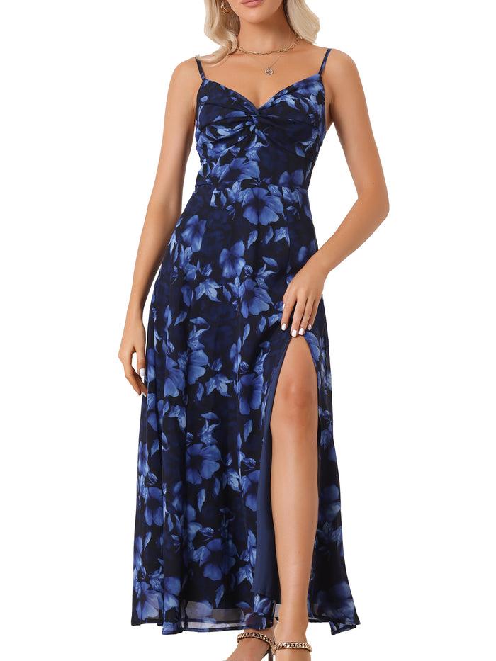Allegra K Spaghetti Strap Floral Smock Slit Elegant Maxi Dress Sundress
