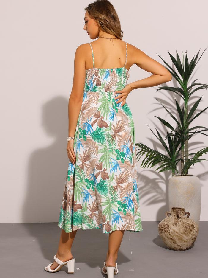 Allegra K Spaghetti Strap Floral Smocked Midi Dress