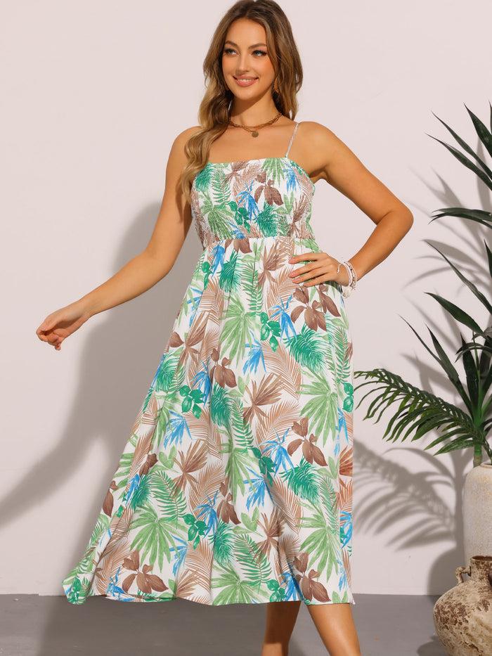 allegra k Spaghetti Strap Floral Smocked Midi Dress