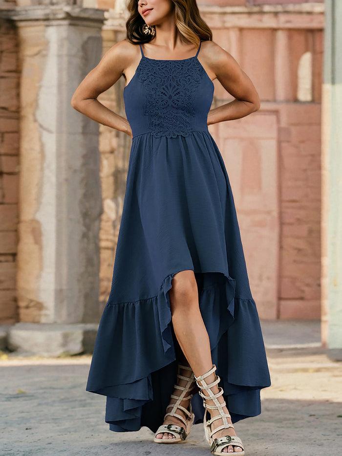 allegra k Spaghetti Strap Lace Hi-Lo Hem Maxi Dress