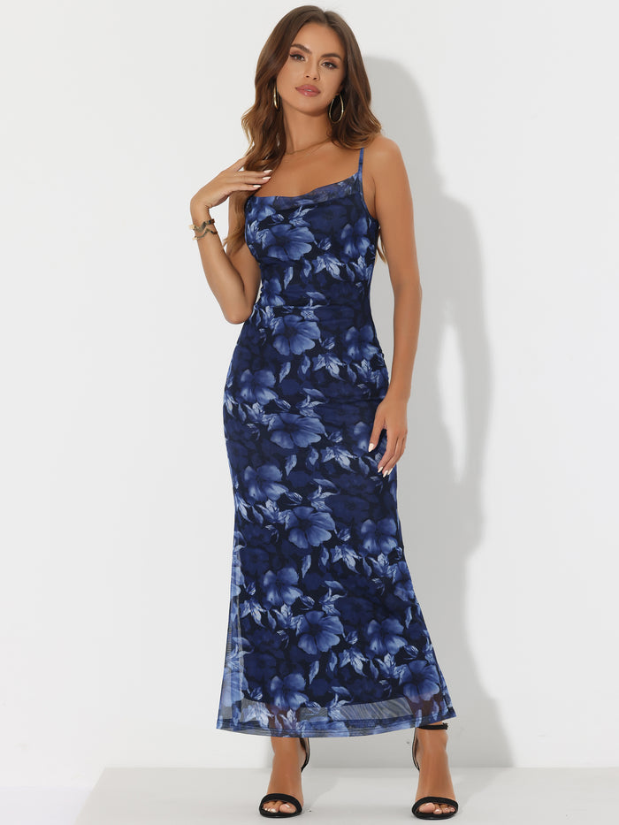 allegra k Spaghetti Strap Mesh Floral Sleeveless Bodycon Cocktail Maxi Dress Sundress