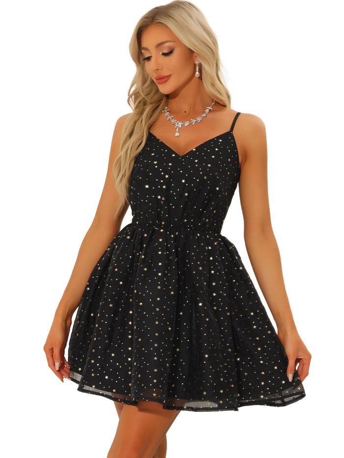 Allegra K Spaghetti Strap Organza Fit And Flare Party Metallic Stars Mini Dress