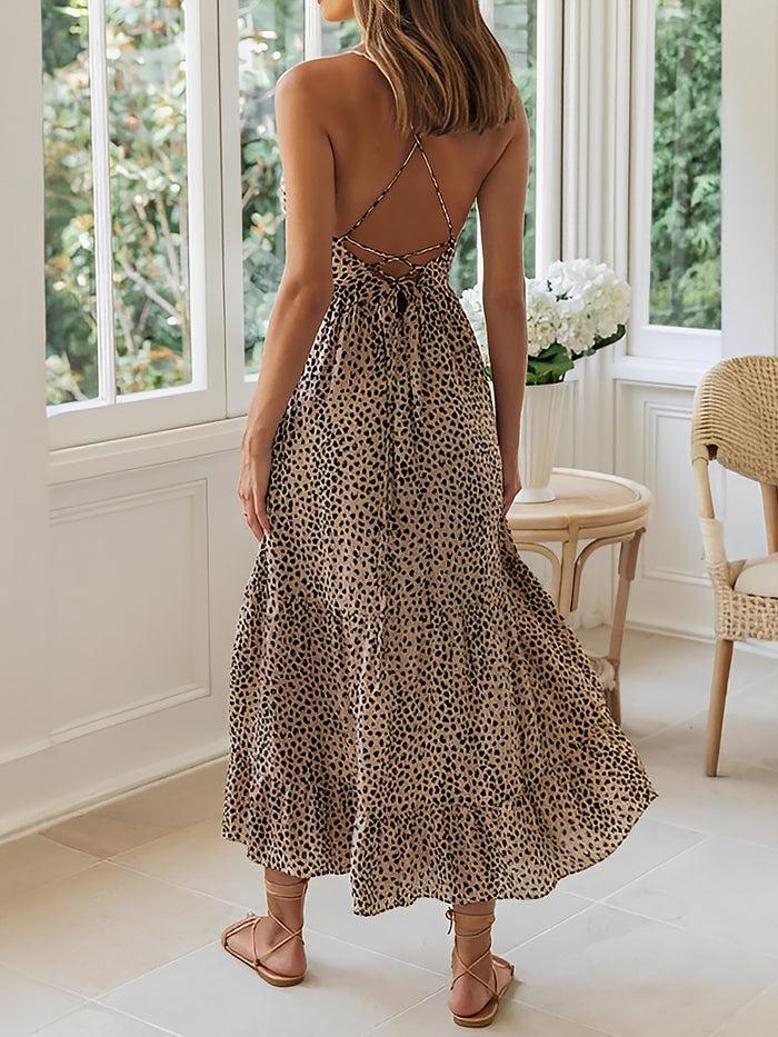 Allegra K Spaghetti Strap Printed Backless Tiered Midi Dress