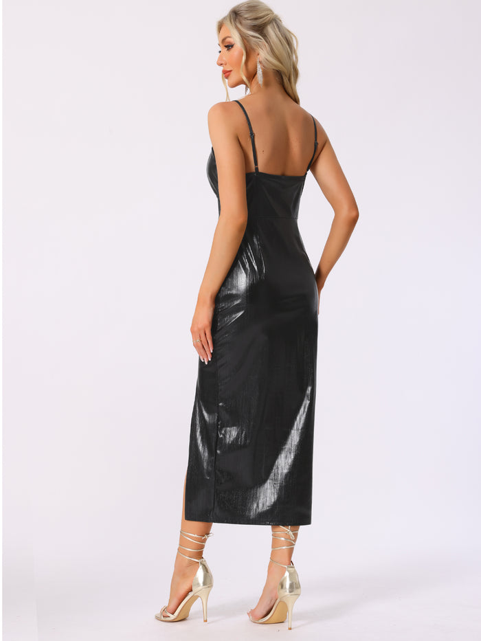 Allegra K Spaghetti Strap Sparkly Metallic Slit Midi Dress