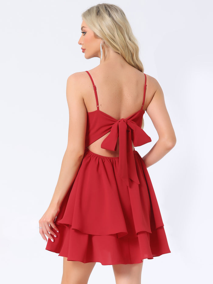 Allegra K Spaghetti Straps Backless Bow Layer A-Line Mini Dress