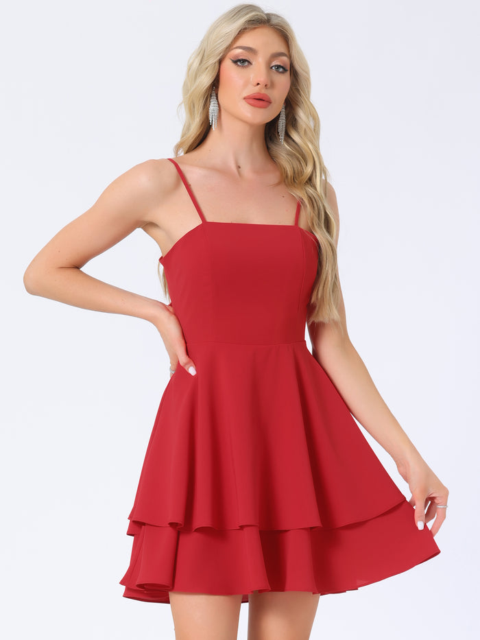 allegra k Spaghetti Straps Backless Bow Layer A-Line Mini Dress