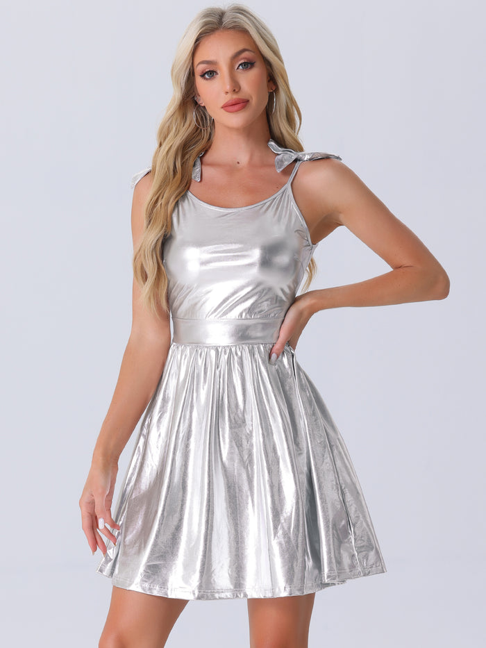 allegra k Spaghetti Straps Metallic A-Line Sleeveless Party Mini Dress