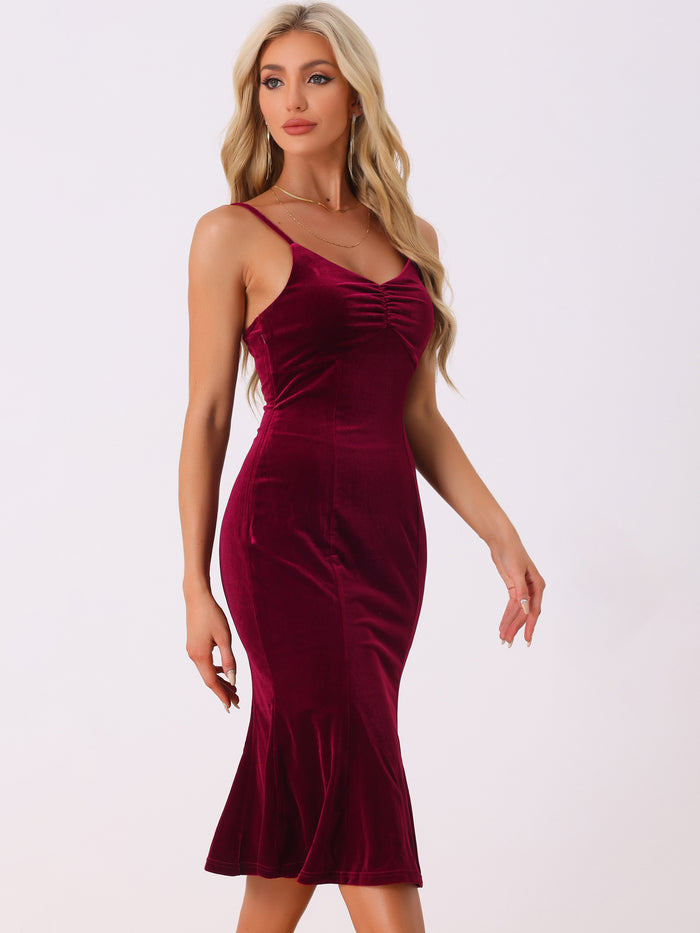 allegra k Spaghetti Straps V Neck Fishtail Cocktail Velvet Midi Dress
