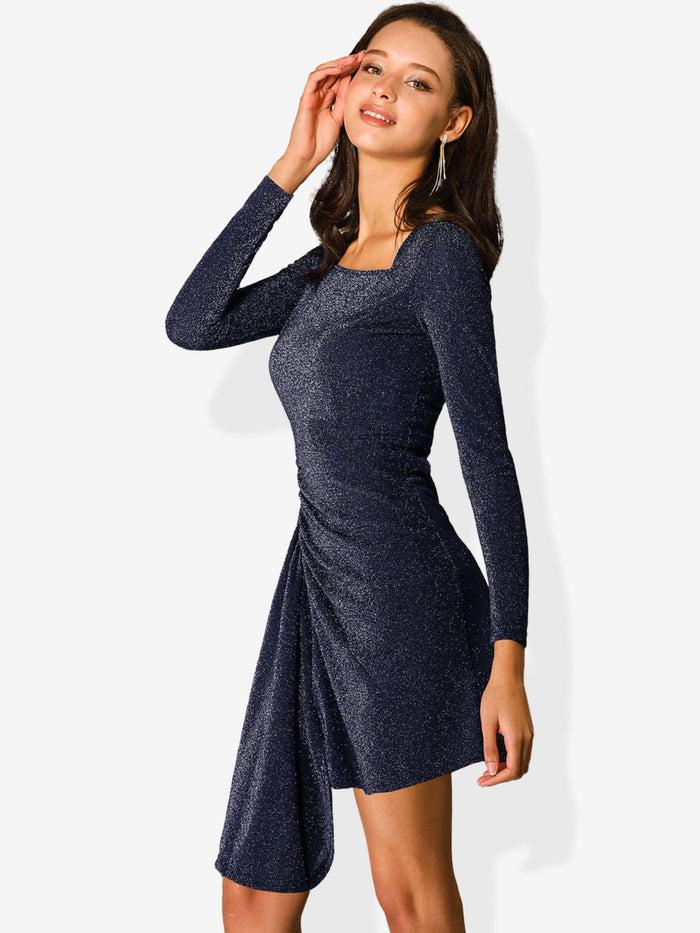 allegra k Sparkle Square Neck Long Sleeve Shiny Stretchy Party Glitter Dress