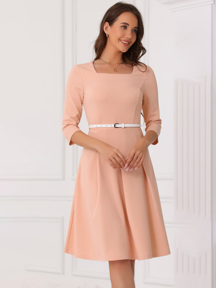 Allegra K Square Neck 3/4 Sleeve Belted Pleated A-Line Midi Dress