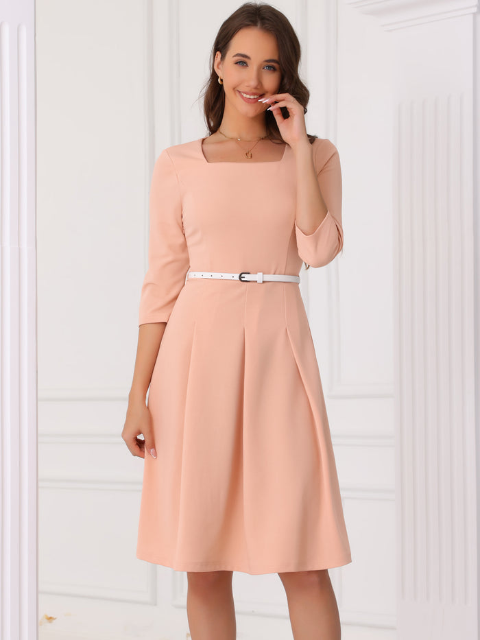 allegra k Square Neck 3/4 Sleeve Belted Pleated A-Line Midi Dress