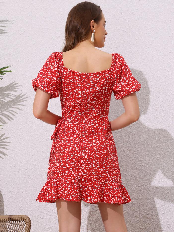 Allegra K Square Neck Floral Puff Sleeve Tie Waist Dress