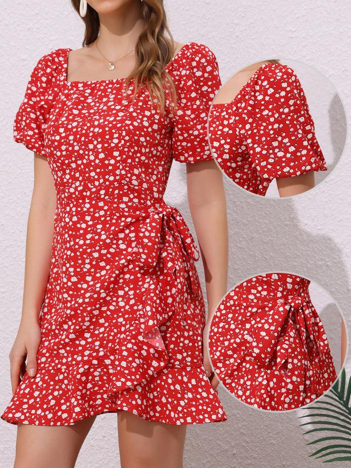 Allegra K Square Neck Floral Puff Sleeve Tie Waist Dress