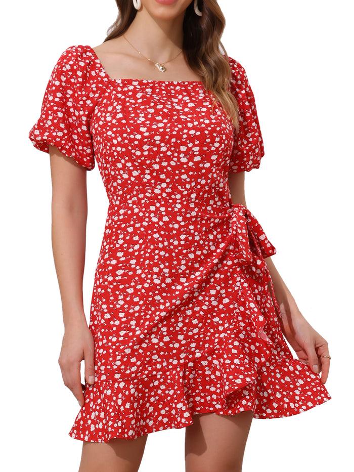 Allegra K Square Neck Floral Puff Sleeve Tie Waist Dress