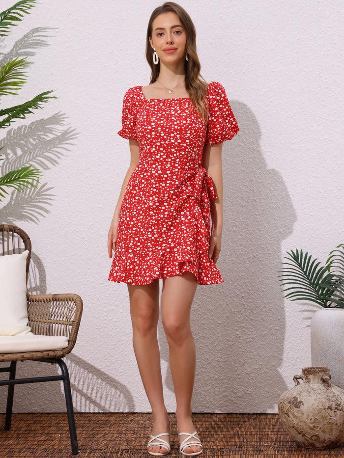 allegra k Square Neck Floral Puff Sleeve Tie Waist Dress