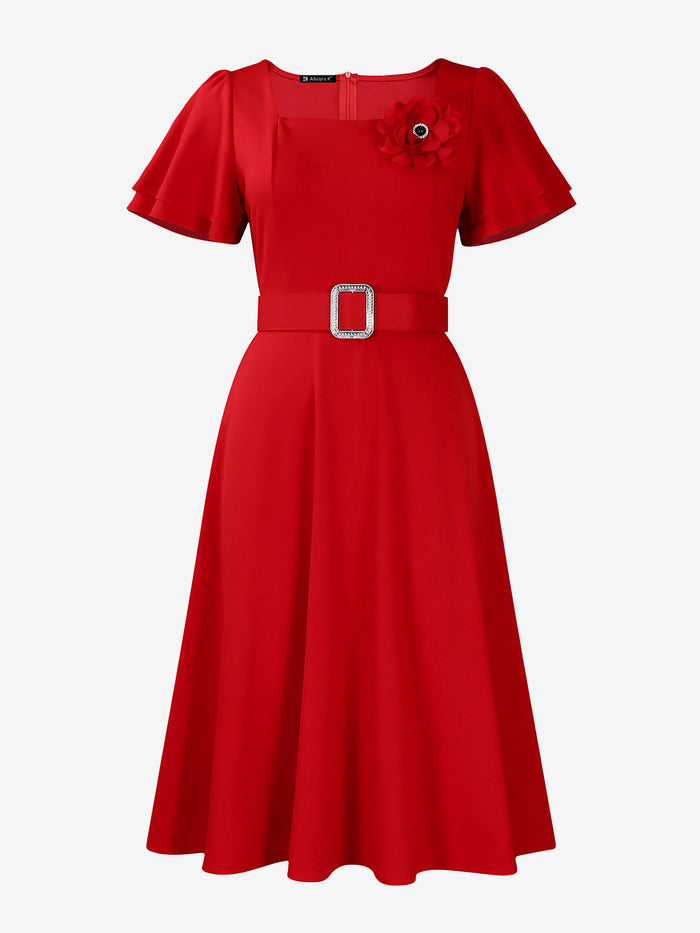 Allegra K Square Neck Flower Ruffled Sleeves Belted Dress