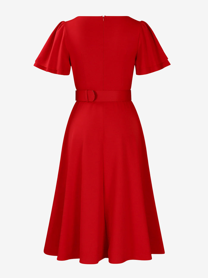 Allegra K Square Neck Flower Ruffled Sleeves Belted Dress