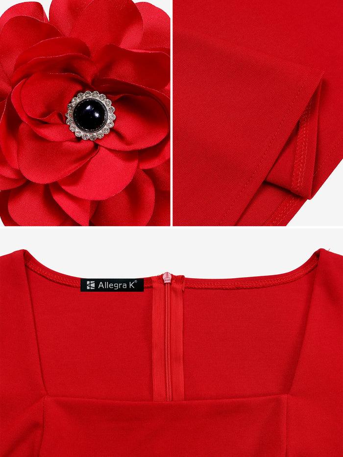 Allegra K Square Neck Flower Ruffled Sleeves Belted Dress