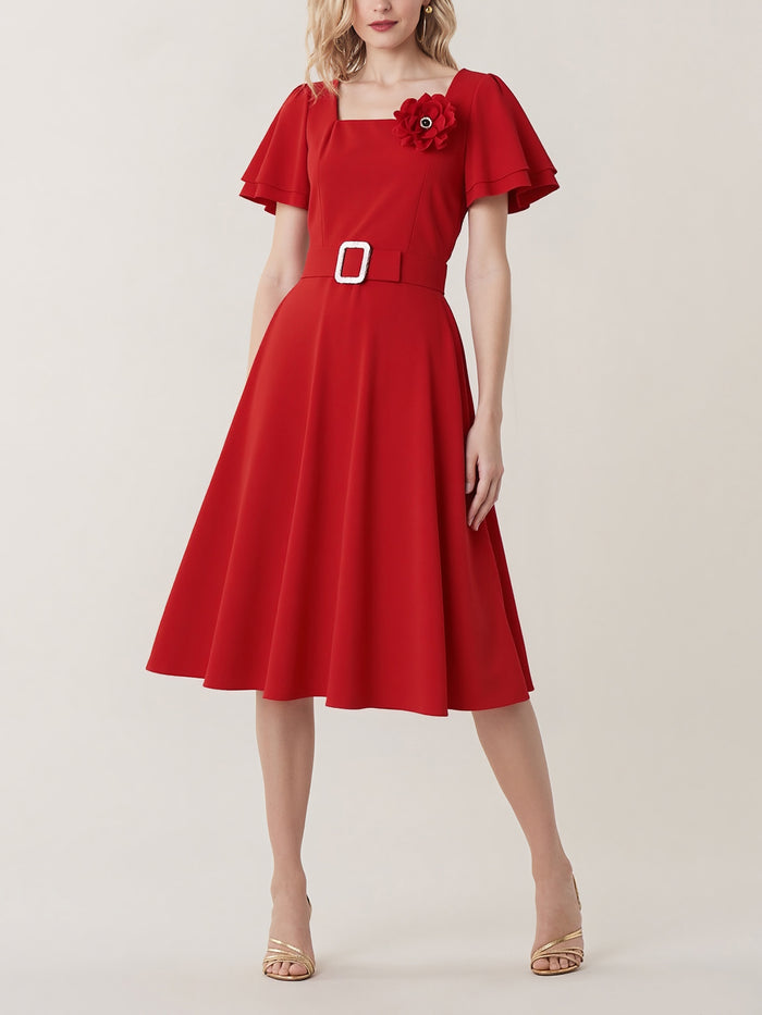 allegra k Square Neck Flower Ruffled Sleeves Belted Dress