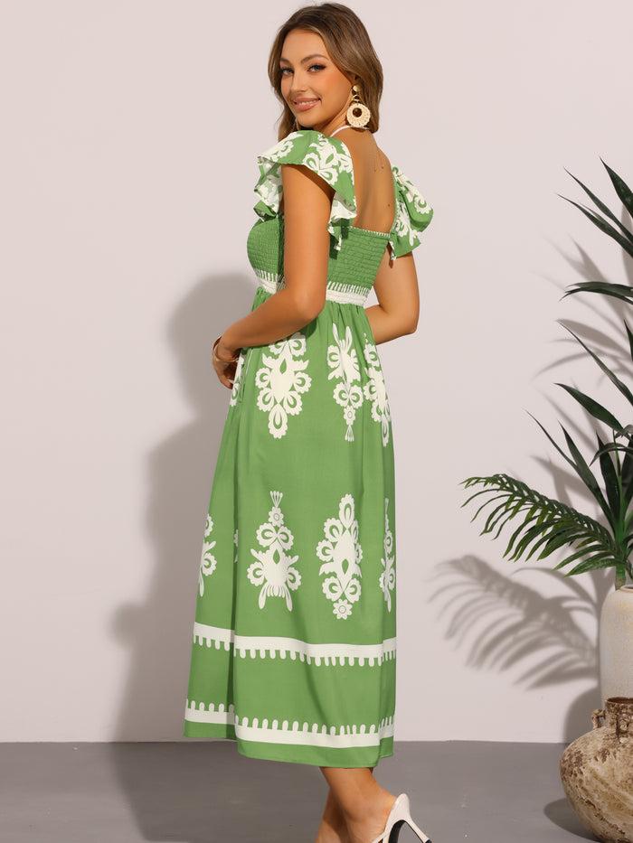 Allegra K Square Neck Flutter Sleeve Smocked Pocketed Midi Dress