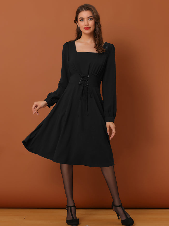 Allegra K Square Neck Lace Up Lantern Long Sleeve Midi A-Line Dress