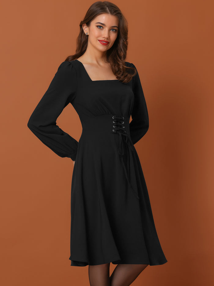 allegra k Square Neck Lace Up Lantern Long Sleeve Midi A-Line Dress