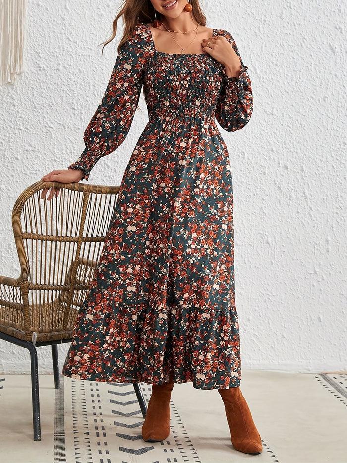 allegra k Square Neck Lantern Long Sleeve Floral Smocked Maxi Dress