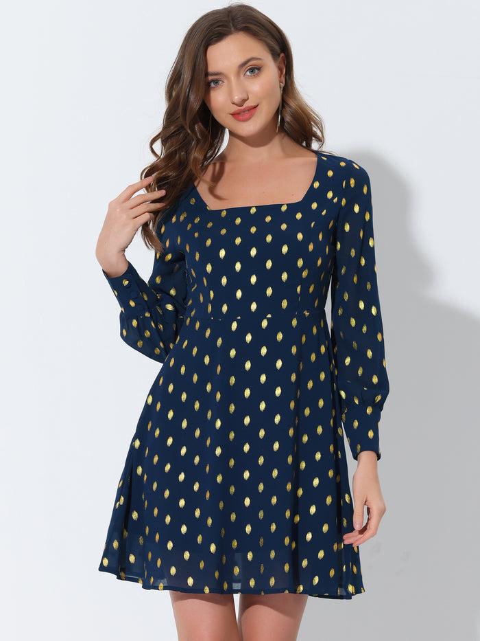 allegra k Square Neck Long Puff Sleeve Metallic Polka Dot A-Line Dress