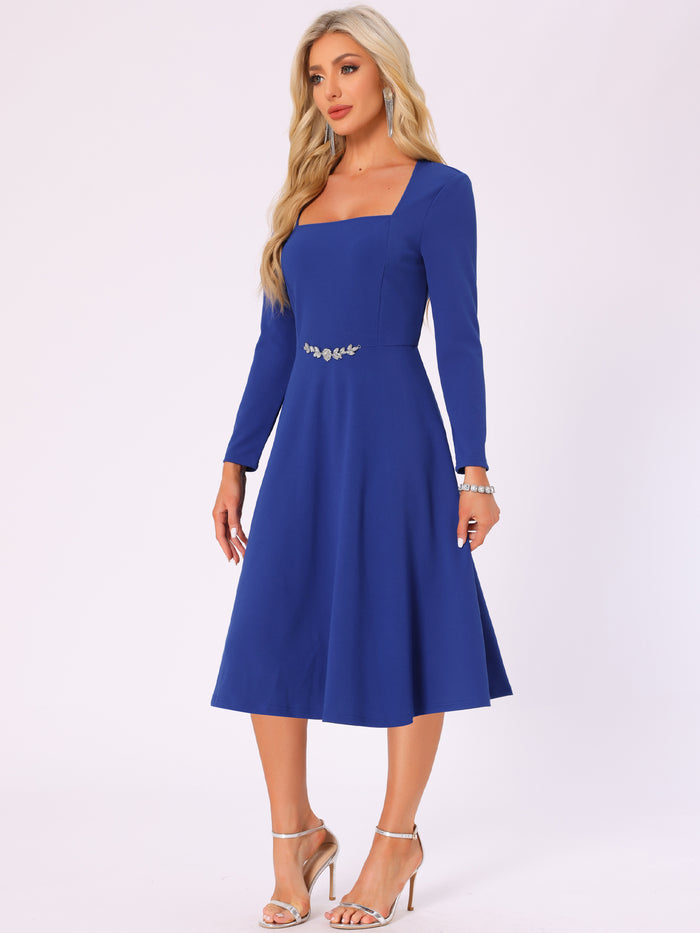 Allegra K Square Neck Long Sleeve A-Line Cocktail Formal Dress
