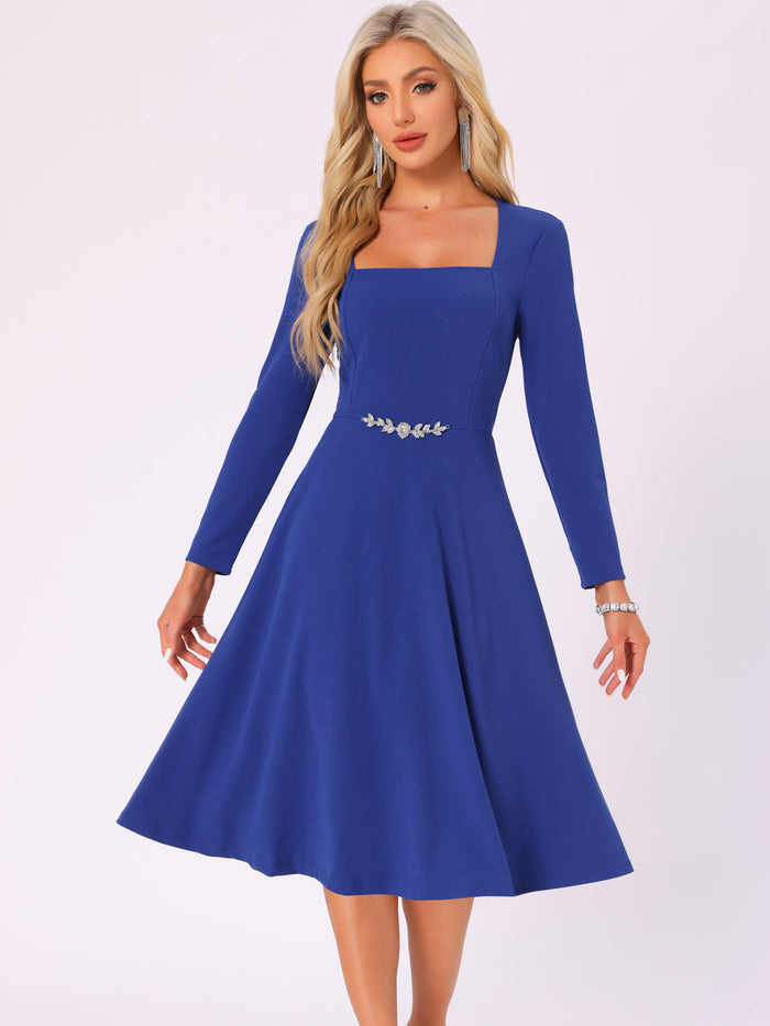 allegra k Square Neck Long Sleeve A-Line Cocktail Formal Dress