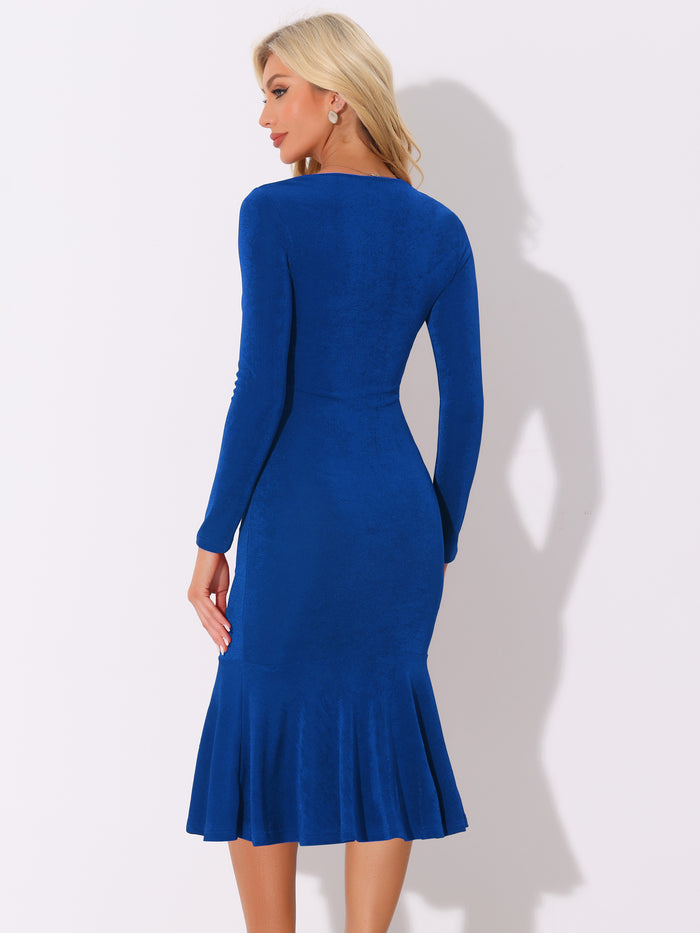 Allegra K Square Neck Long Sleeve Bodycon Fishtail Midi Dress