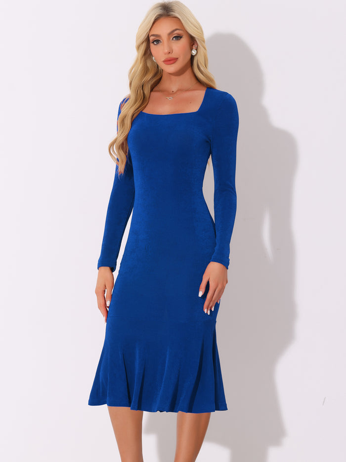 allegra k Square Neck Long Sleeve Bodycon Fishtail Midi Dress