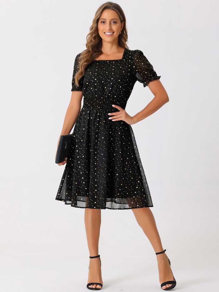 allegra k Square Neck Metallic Stars Ruffle Short Sleeve A-Line Smocked Waist Midi Dress