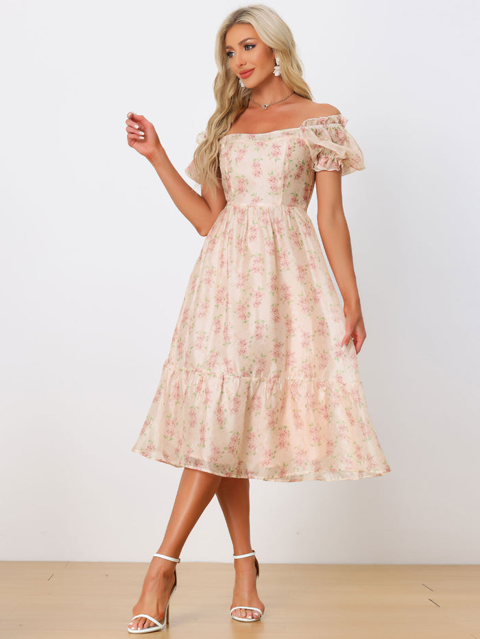 Allegra K Square Neck Puff Short Sleeve Floral Organza Midi Dress