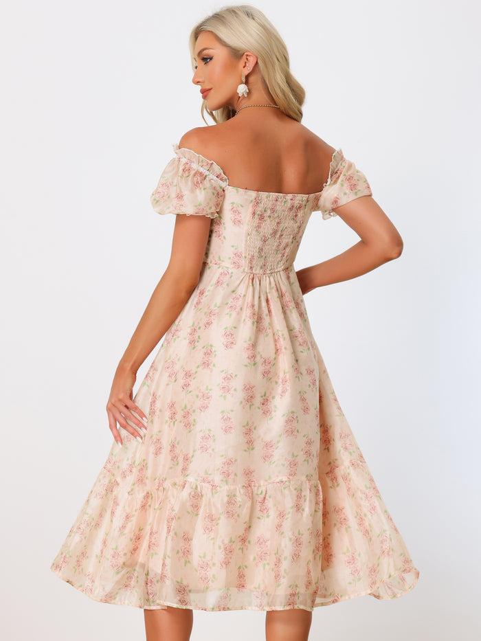 Allegra K Square Neck Puff Short Sleeve Floral Organza Midi Dress