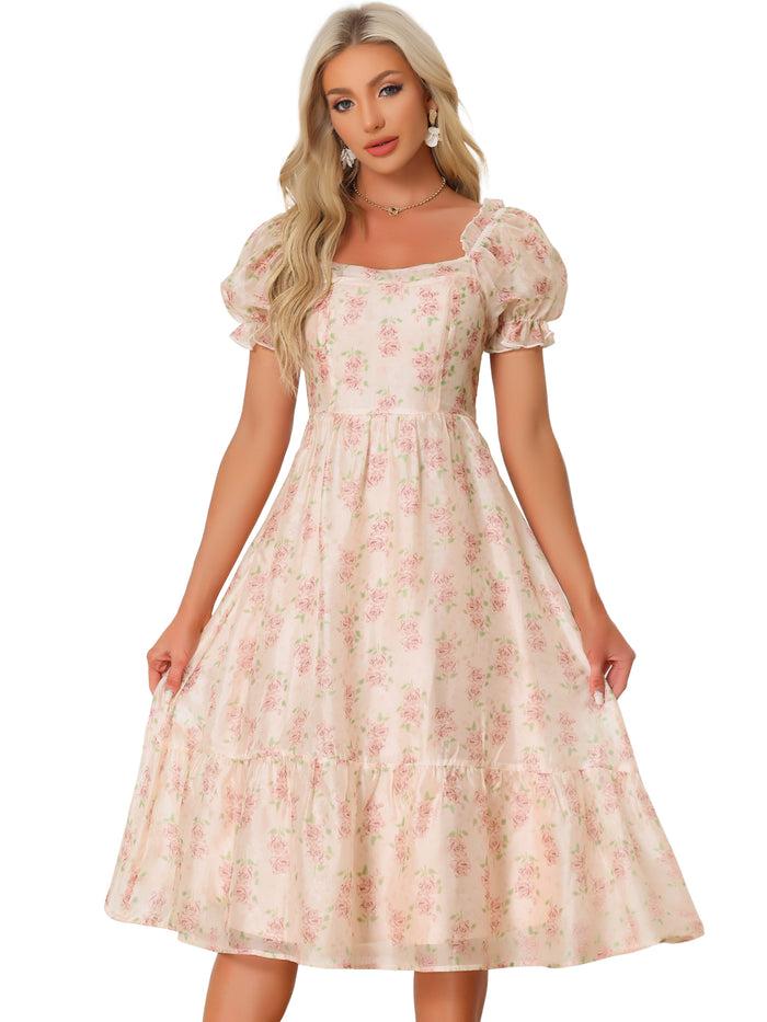 Allegra K Square Neck Puff Short Sleeve Floral Organza Midi Dress