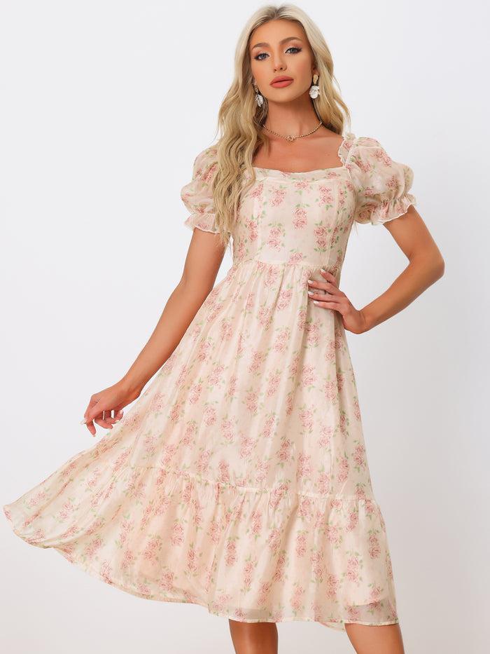 allegra k Square Neck Puff Short Sleeve Floral Organza Midi Dress