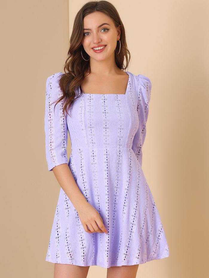 Allegra K Square Neck Puff Sleeve Chic Stretchy Lace Above Knee Dress