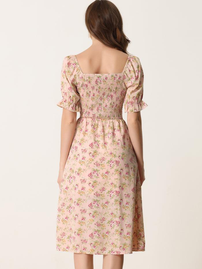 Allegra K Square Neck Puff Sleeve Shirred Floral Casual Midi Dress