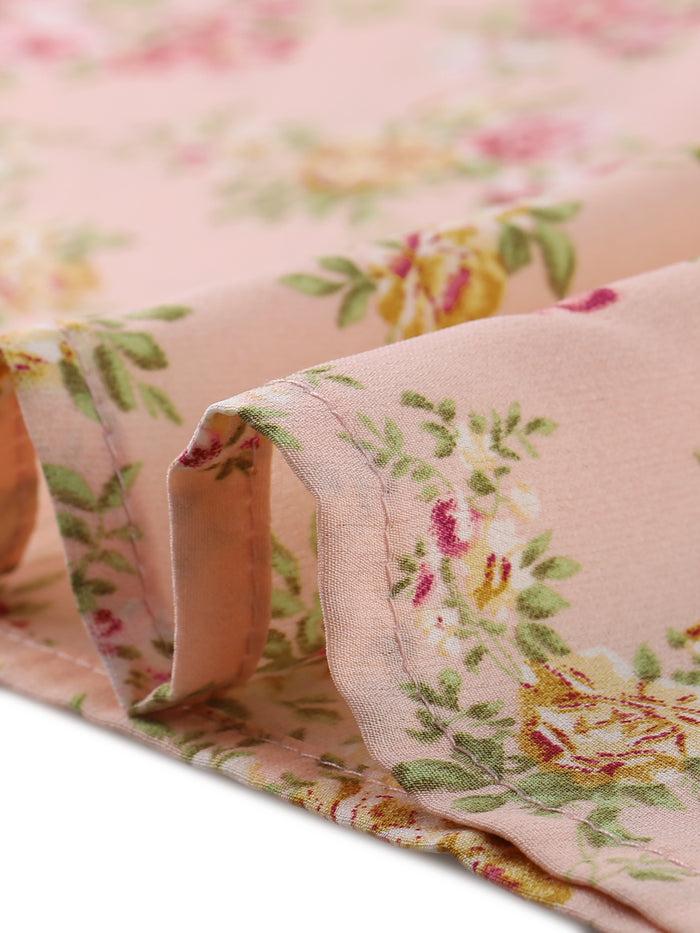 Allegra K Square Neck Puff Sleeve Shirred Floral Casual Midi Dress