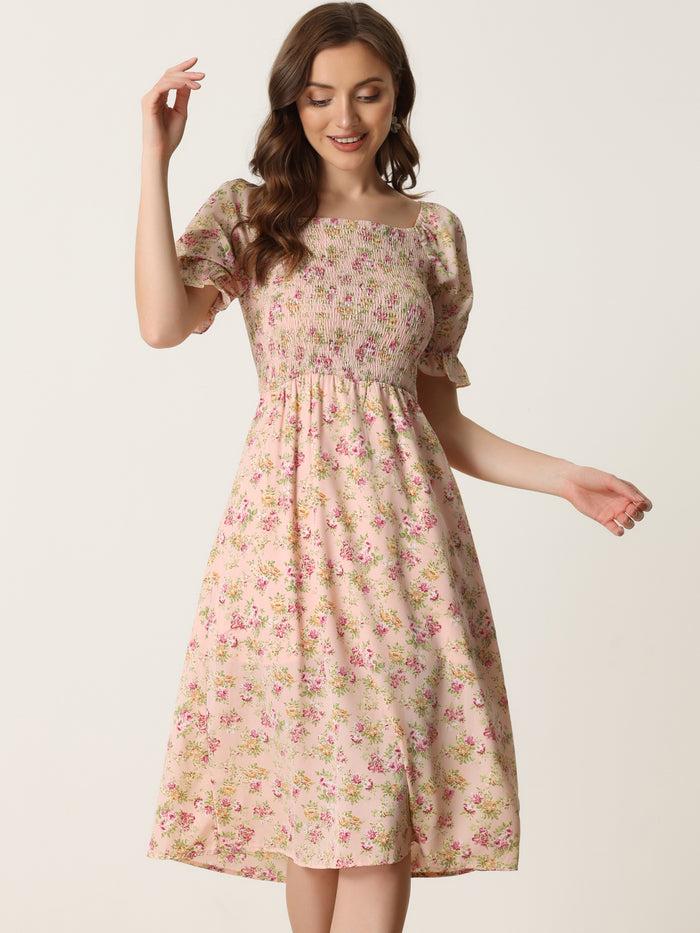 allegra k Square Neck Puff Sleeve Shirred Floral Casual Midi Dress