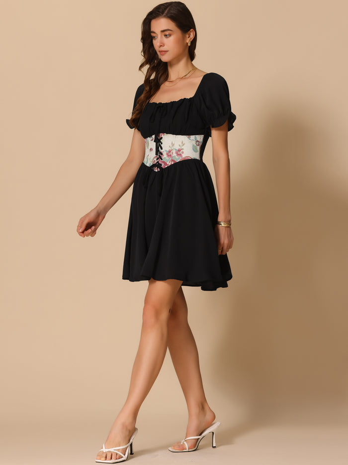 Allegra K Square Neck Short Sleeve Corset Patchwork Mini Dress