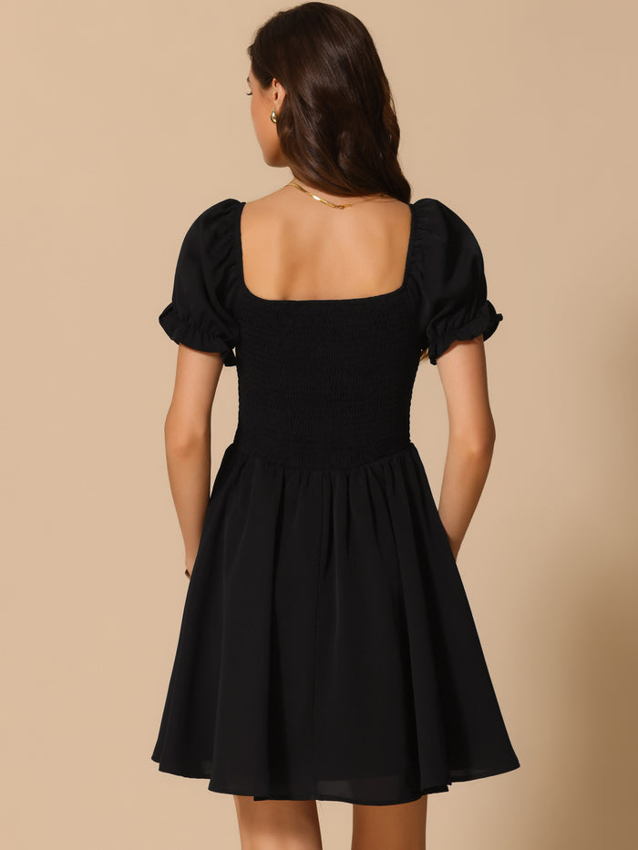 Allegra K Square Neck Short Sleeve Corset Patchwork Mini Dress