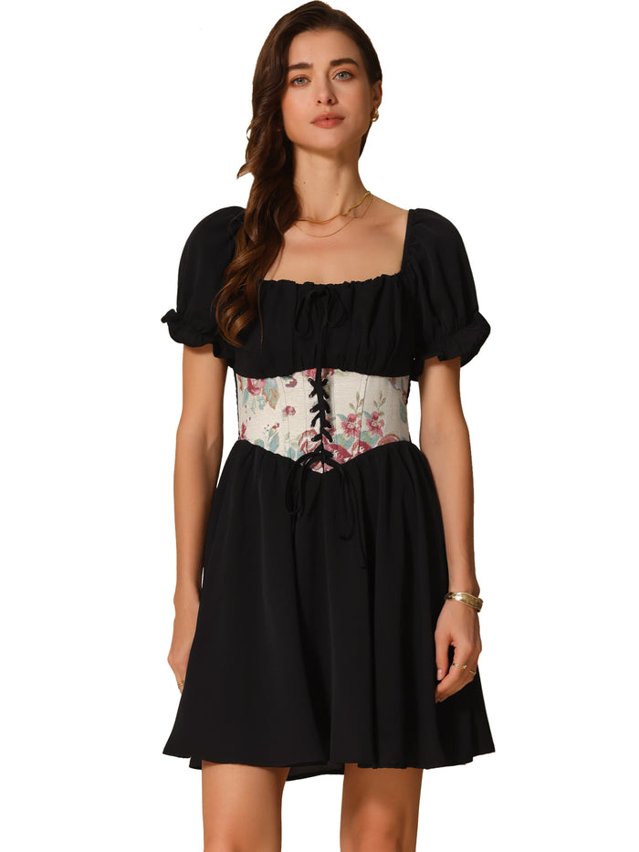 Allegra K Square Neck Short Sleeve Corset Patchwork Mini Dress