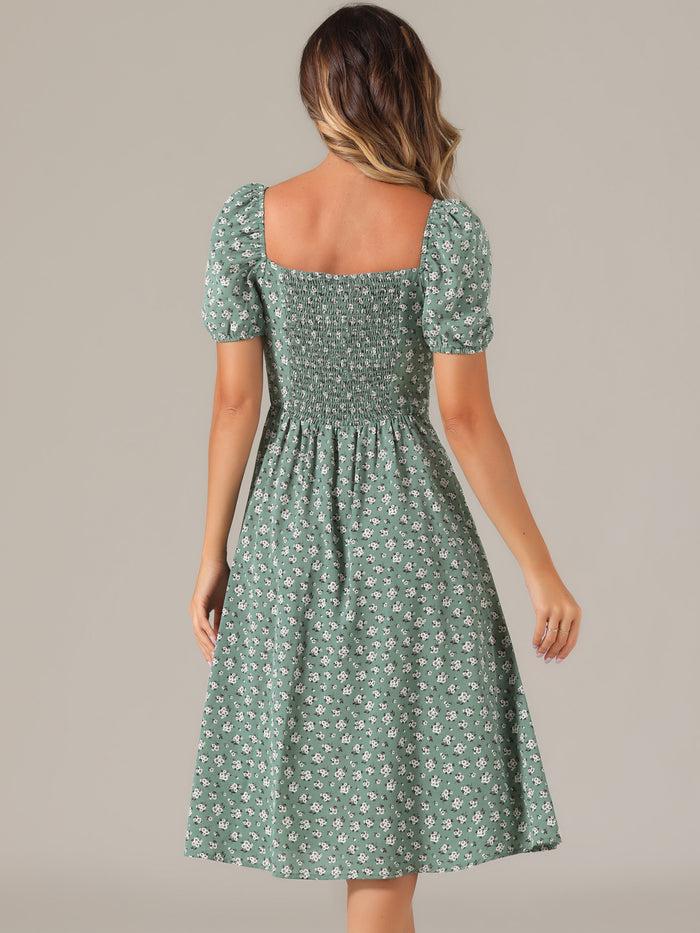 Allegra K Square Neck Smocked Shirred Puff Sleeves Floral Midi Dress